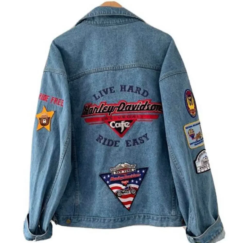 Harley Davidson Oversized Trucker Jacket With Patches Boho Chic Coastal Cowgirl